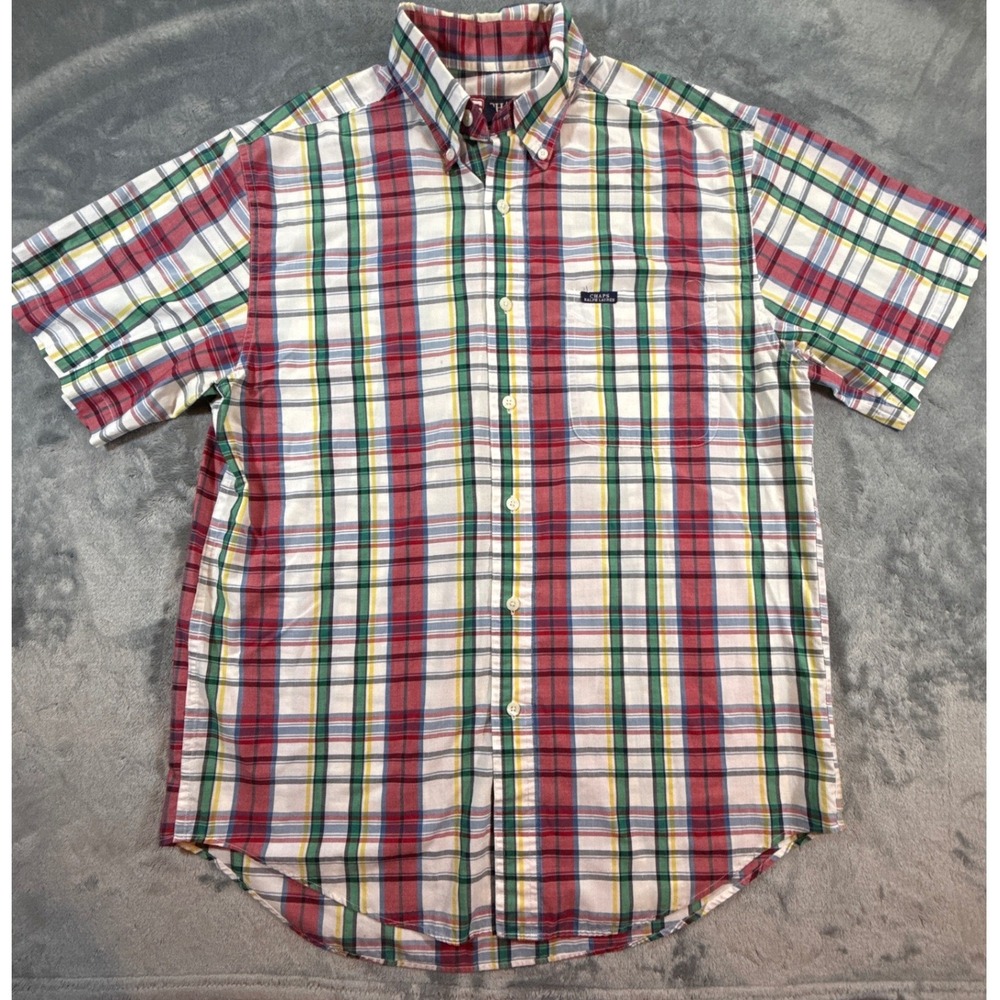 Chaps Ralph Lauren Mens M Short Sleeve Plaid Button Down Shirt Preppy Casual 90s